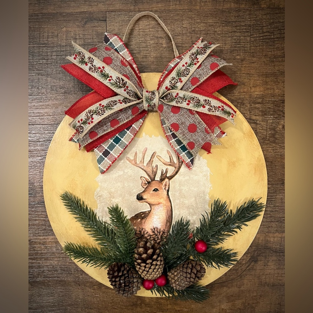 Hand Crafted Festive Deer Winter/Holiday Wall Decor with Greens & Red Bow